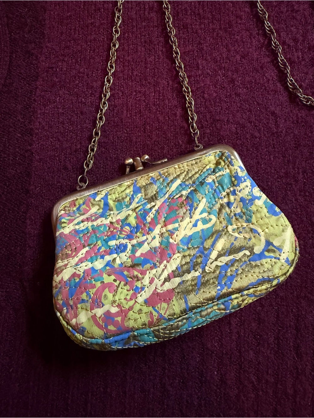 Kristin Lee 100% Silk (by Walter Knabe) Clutch w/ Chain Strap Floral/Text Print